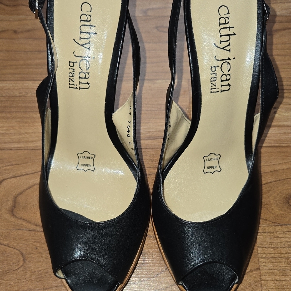 Cathy Jean Black Peep Toe Kitten Slingback Heels Size 7 - Picture 2 of 6